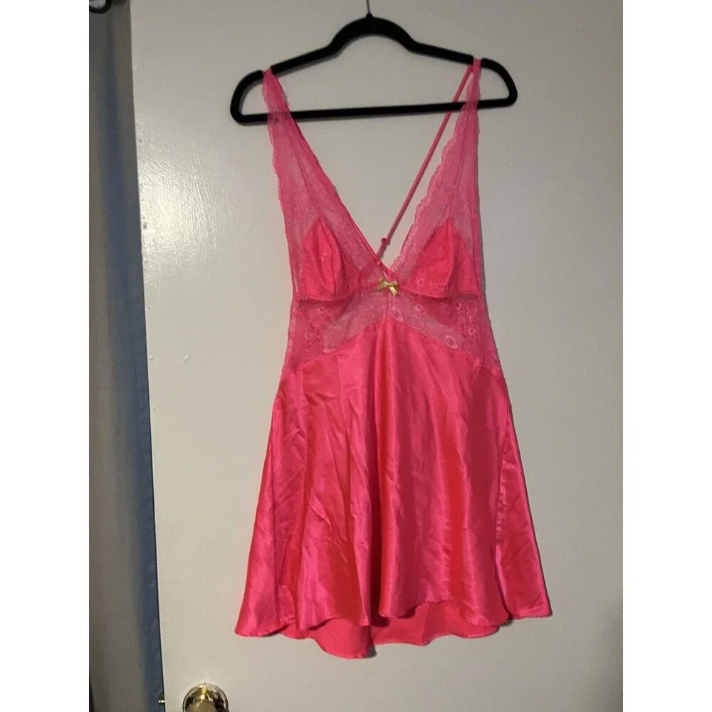 Victorias Secret Hot Pink Satin‎ Lace Slip Dress Crossback Negligee Bow